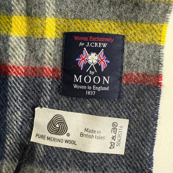 J. Crew x Abraham Moon Merino Wool Plaid Scarf Gray Blue Yellow Fringe 68 x 11.5 - Picture 4 of 7